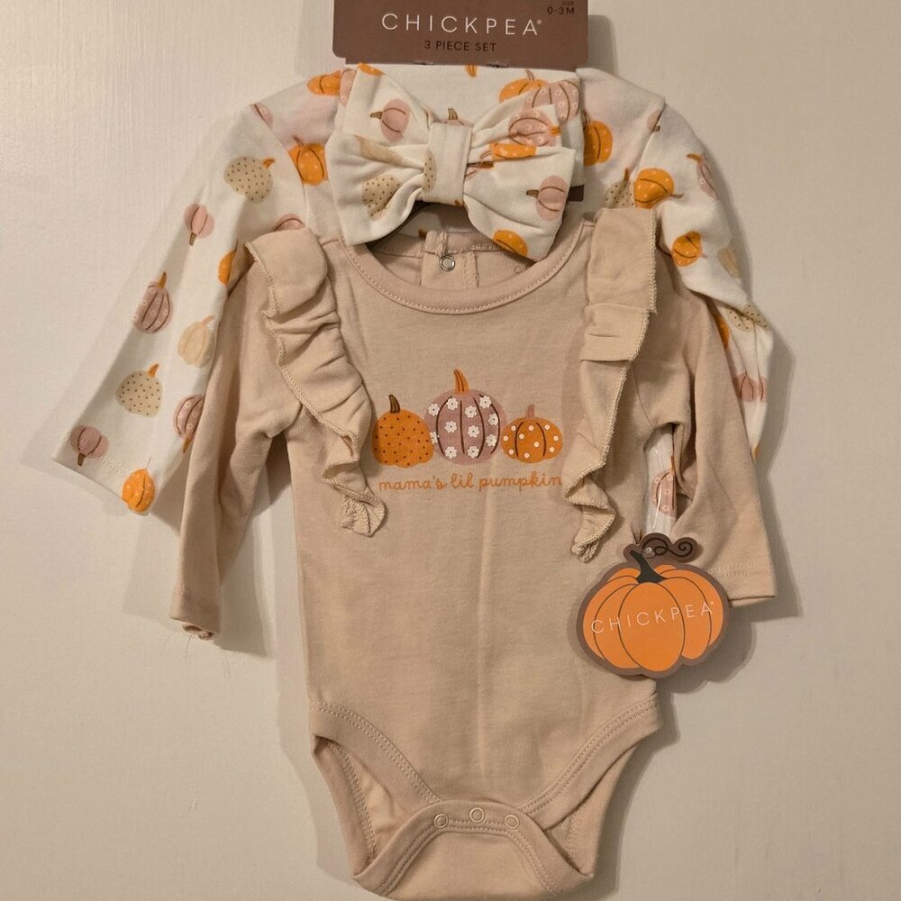 Chick Pea Beige and Light Cream Pumpkin Onesie Set with matching headband Fall